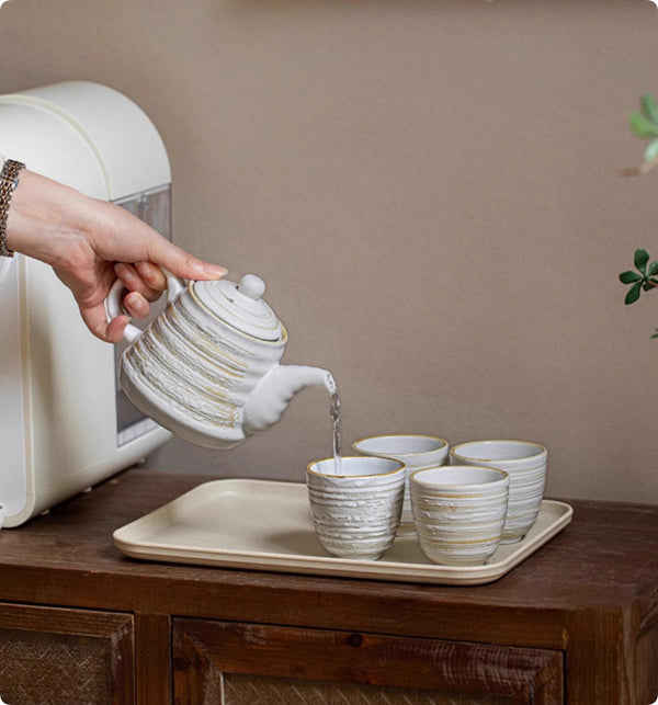Wudy Kitchen — Ceramic Tea Set with Tray – 1 Pot & 4 Cups, Handmade Style