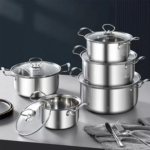 Premium Stainless Steel 5-Piece Cooking Pot Set with Glass Lids