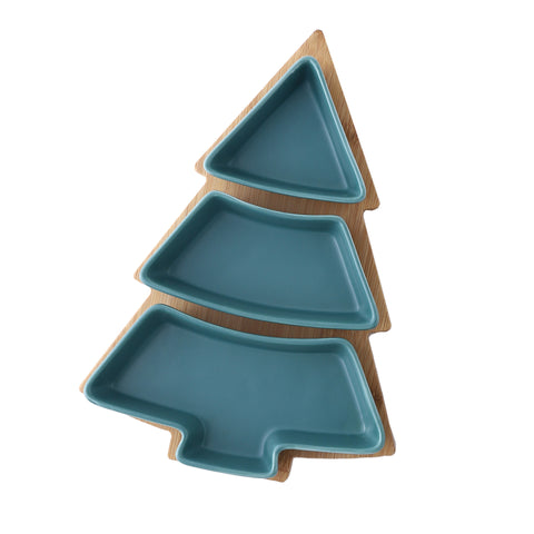 Creative Christmas Tree Ceramic Snack Plate with Bamboo Base