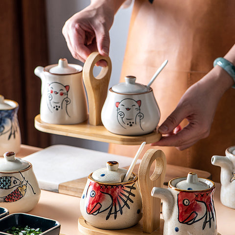 Ceramic Seasoning & Sauce Jar Set with Bamboo Base – Hand-Painted Design