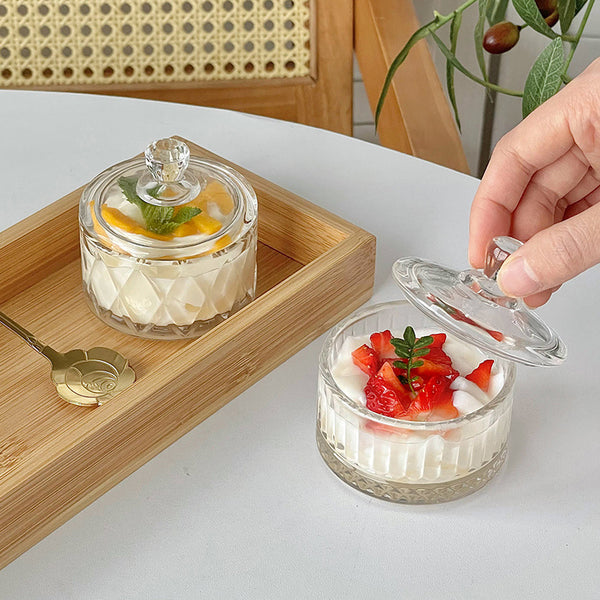 Wudy Kitchen Wudy Glass Dessert Cup Set — lead-free glass, Japanese pattern — in-use detail shot