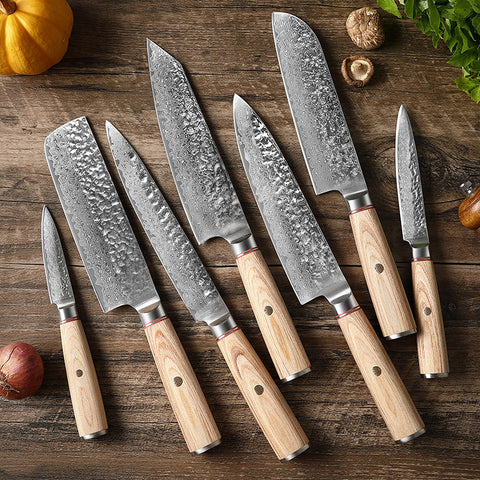 Damascus Steel Kitchen Knife Set – Patterned Finish, Wood Handles
