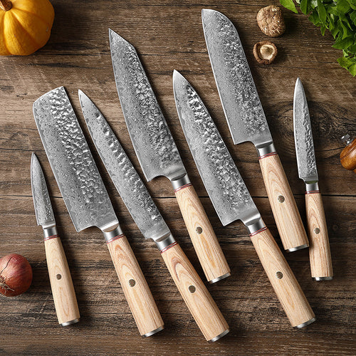 Damascus Steel Kitchen Knife Set – Patterned Finish, Wood Handles