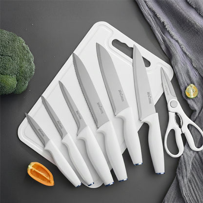 White handle variant of Wudy 16-piece knife set — minimal kitchen lifestyle scene
