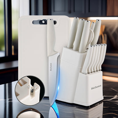 Self-sharpening storage block with six knives partially drawn — ceramic sharpener visible