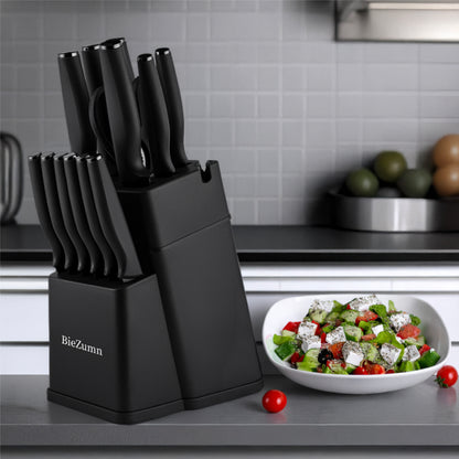 Wudy knife set in black handle variant — sleek block and cutting board on dark kitchen surface