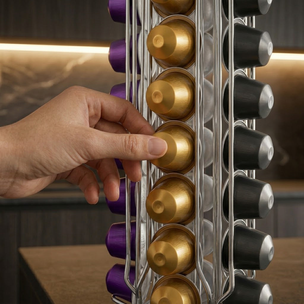 Silver 40Pcs Nespresso Capsule Holder Rotating Stand 360 Degree Rotatable Shelf Caffee Organiser for Storage for Coffee Capsules