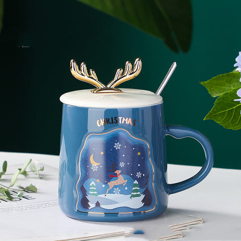 Christmas Antler Ceramic Mug 400ml – Festive Coffee Cup with Lid & Spoon