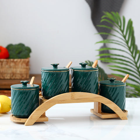 Ceramic Spice Jar Set with Bamboo Rack – Elegant Kitchen Storage Organizer