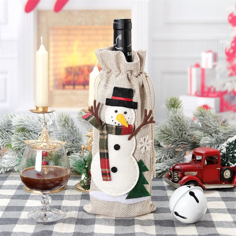 Rustic Christmas Wine Bottle Bag – Santa, Reindeer & Snowman Gift Wrap