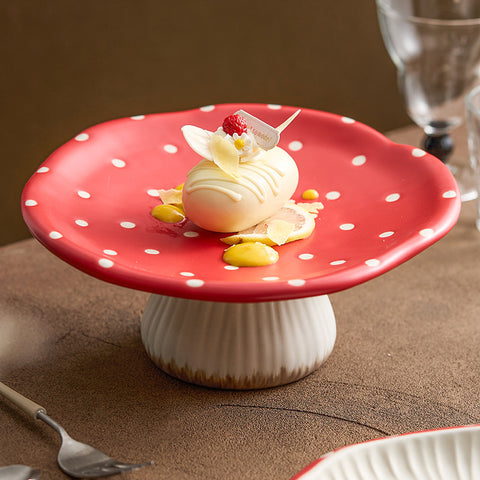 Red Polka Dot Mushroom Ceramic Dessert Plate – Pedestal Tea & Snack Tray
