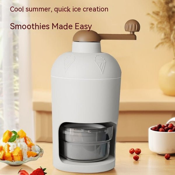 Wudy Kitchen Wudy Manual Ice Crusher — ABS housing, stainless steel blade — close-up detail on walnut surface