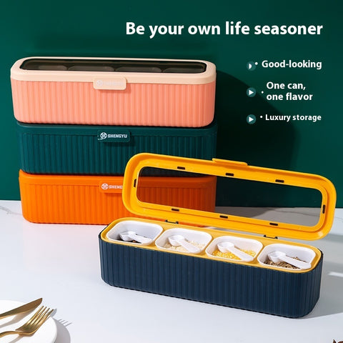 4-Compartment Transparent Spice Organizer Box – Plastic Seasoning Container Set