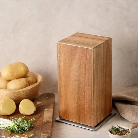 Acacia Wood Magnetic Rotating Knife Holder — 360° Stainless Steel Base