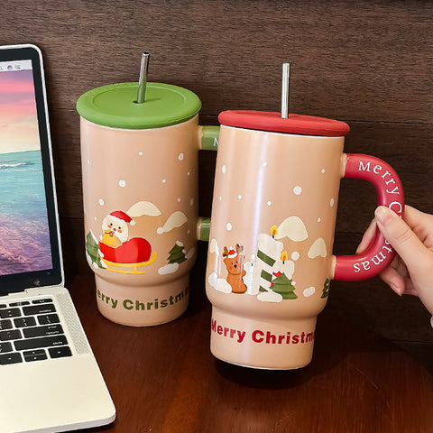 Christmas Ceramic Mug 800ml – Large Festive Cartoon Cup with Straw