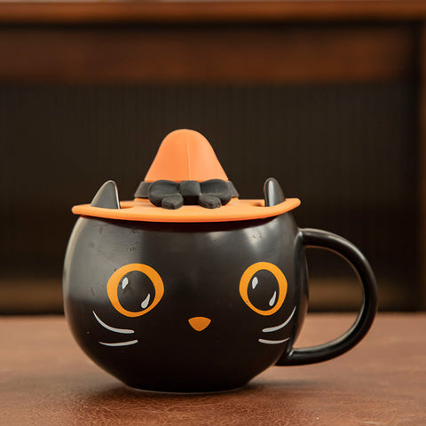 Halloween Black Cat Mug with Pumpkin Hat Lid