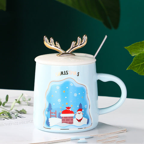 Christmas Antler Ceramic Mug 400ml – Festive Coffee Cup with Lid & Spoon