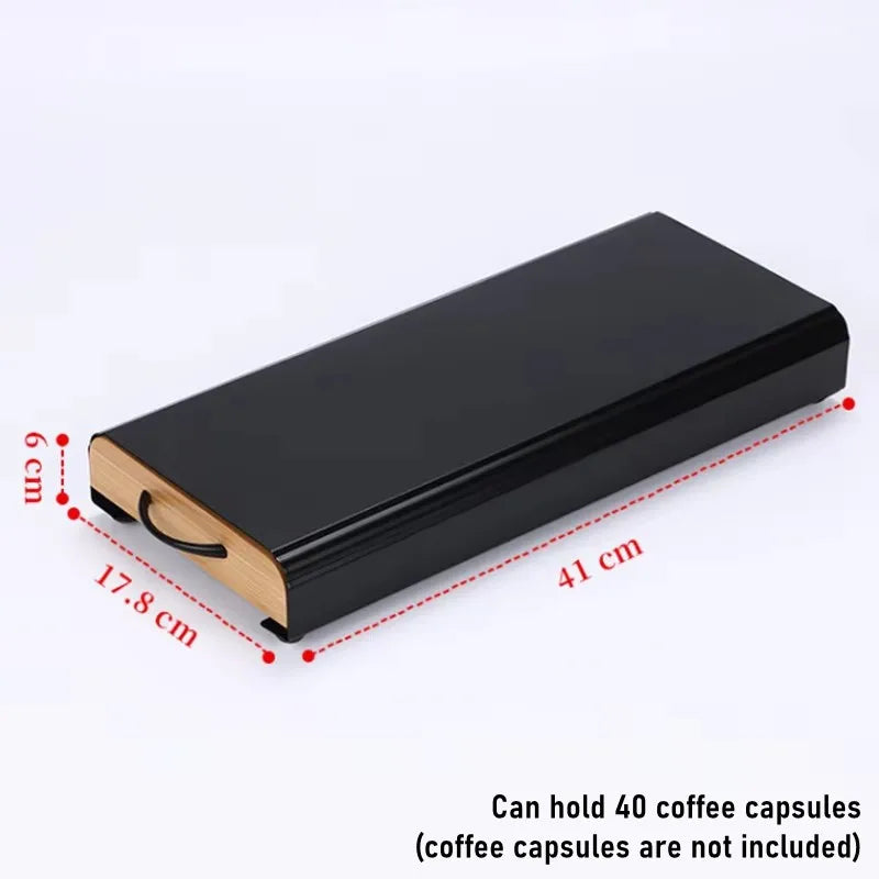 Wudy 40-pod metal coffee capsule stand with two drawers — countertop view
