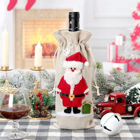 Rustic Christmas Wine Bottle Bag – Santa, Reindeer & Snowman Gift Wrap