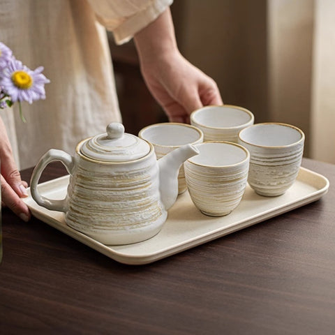 Ceramic Tea Set with Tray – 1 Pot & 4 Cups, Handmade Style