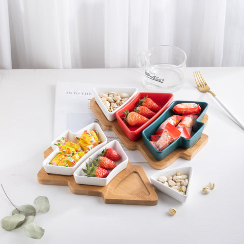 Christmas Tree Porcelain Snack Tray Set with Bamboo Base