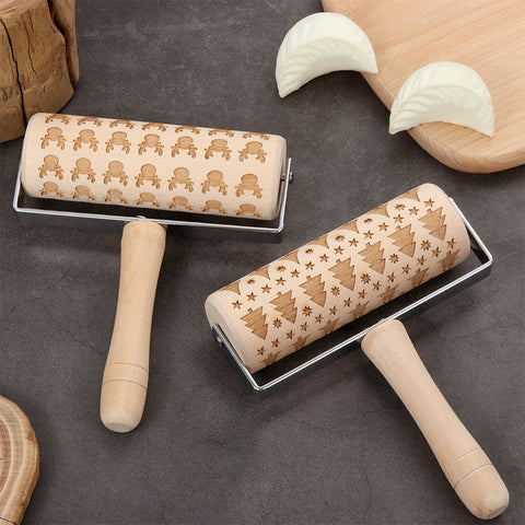 Embossed Wooden Rolling Pin – Christmas Pattern Dough Roller