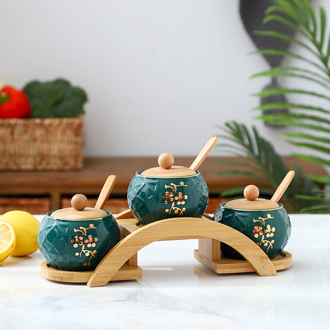 Ceramic Spice Jar Set with Bamboo Rack – Elegant Kitchen Storage Organizer
