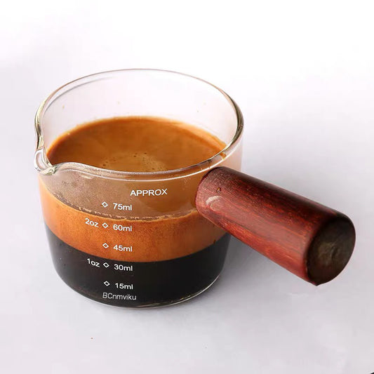 Wudy Approx Wooden Handle Glass Espresso Measuring Cup | 75ml Barista Tool