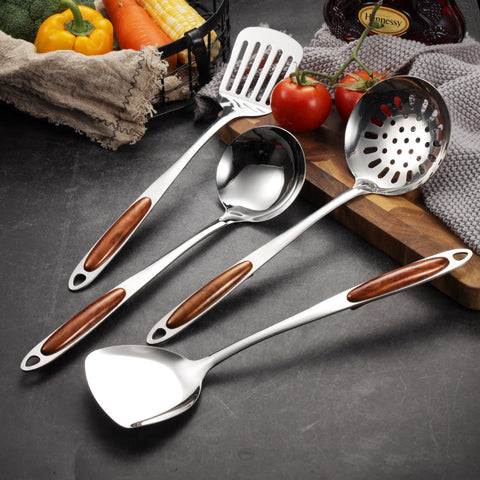 7-Piece Stainless Steel Kitchen Utensil Set with Wood-Inlay Handles