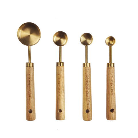 Gold Stainless Steel Measuring Cups & Spoons with Wooden Handle