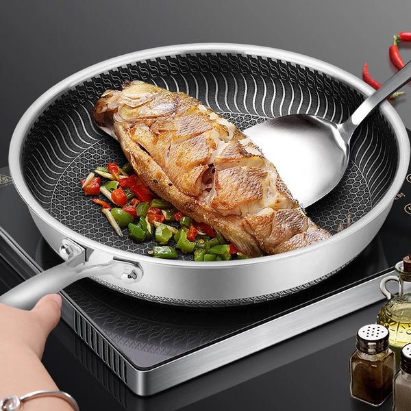316L Stainless Steel Frying Pan Frying Pan Household Flat Bottomed Pan Frying Steak and Egg Pan Uncoated Induction Cooker Gas Un