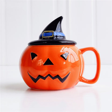 Pumpkin Ceramic Halloween Mug with Witch-Hat Lid