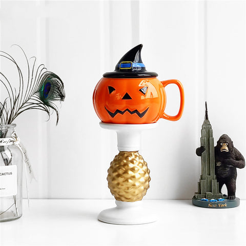 Pumpkin Ceramic Halloween Mug with Witch-Hat Lid