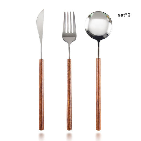 Stainless Steel Western Tableware Set with Retro Rosewood Handles – Knife, Fork & Spoon