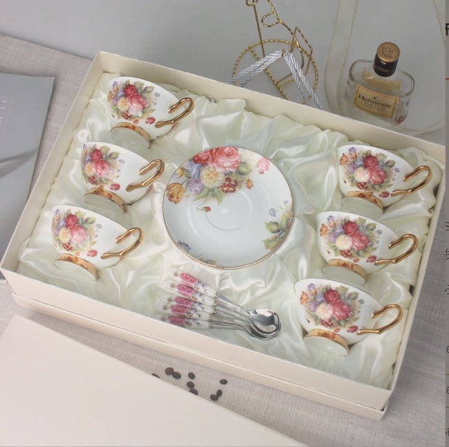 White floral motif, gold accents
