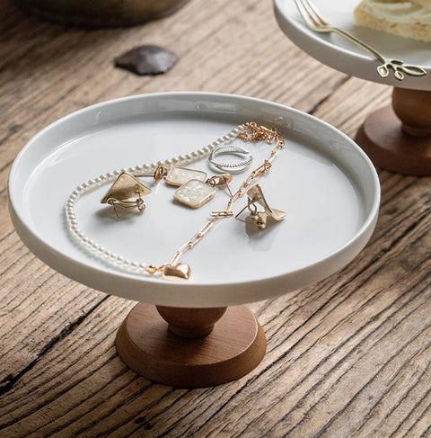 Vintage Wooden Base Ceramic Dessert Stand – Nordic High Foot Fruit Plate