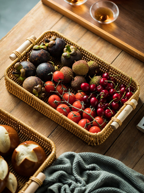 Rattan-Look Rectangular Serving Tray with Wooden Handles – Small & Large Sizes