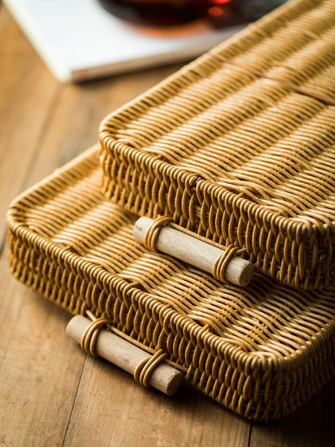 Rattan-Look Rectangular Serving Tray with Wooden Handles – Small & Large Sizes