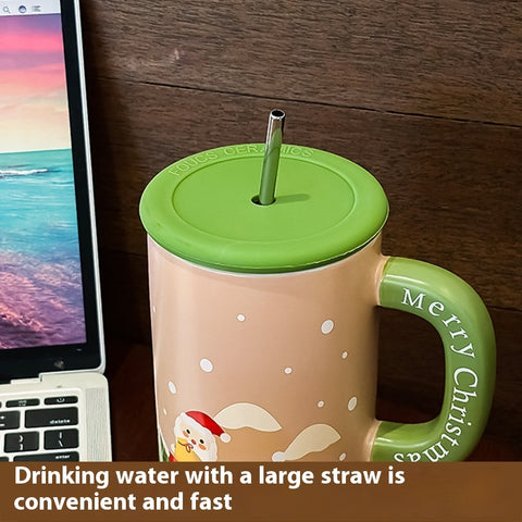 Christmas Ceramic Mug 800ml – Large Festive Cartoon Cup with Straw