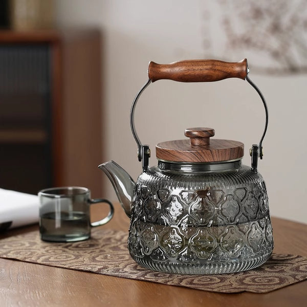 Wudy Kitchen — Heat-Resistant Glass Teapot – Wooden Handle in Transparent & Smoky Gray