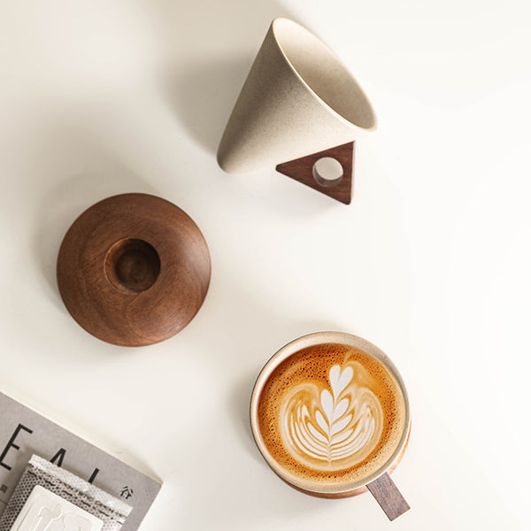 Wudy Kitchen — Ceramic Pour-Over Coffee Dripper with Acacia Wood Base — 250ml