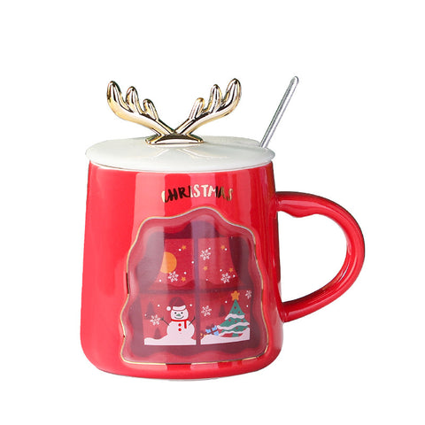Christmas Antler Ceramic Mug 400ml – Festive Coffee Cup with Lid & Spoon
