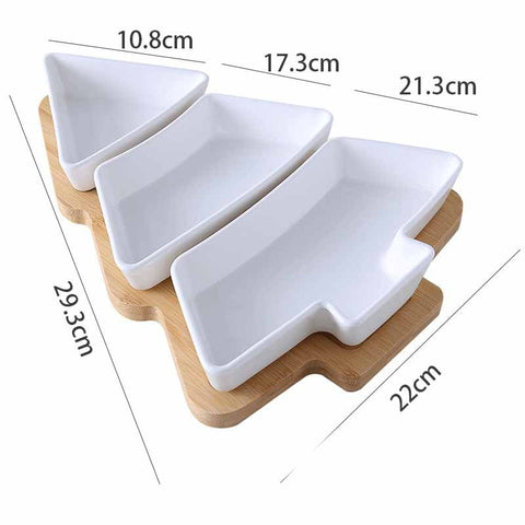 Christmas Tree Porcelain Snack Tray Set with Bamboo Base