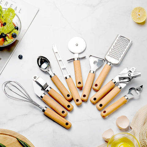 9-Piece Stainless Steel Kitchen Tool Set with Natural Wood Handles