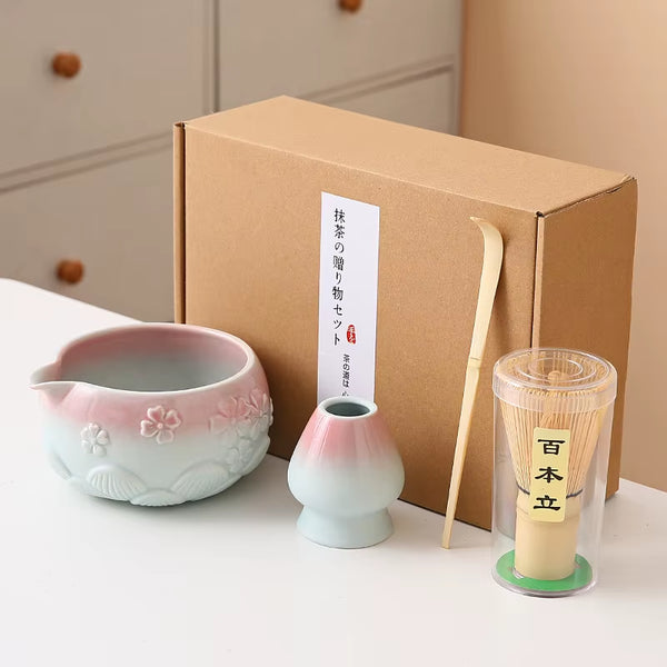 8Pcs Cherry Blossom White Matcha Bowl with Matcha Whisk Set, Japanese Tea Set Includes Matcha Bowl with Spout