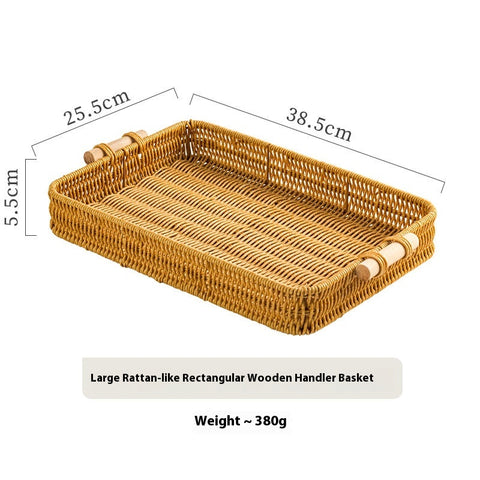 Rattan-Look Rectangular Serving Tray with Wooden Handles – Small & Large Sizes