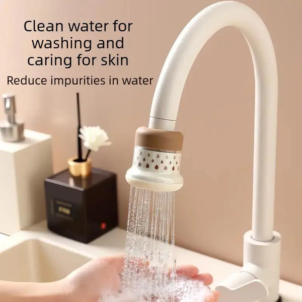 Wudy faucet filter with splash guard diffusing water over kitchen sink