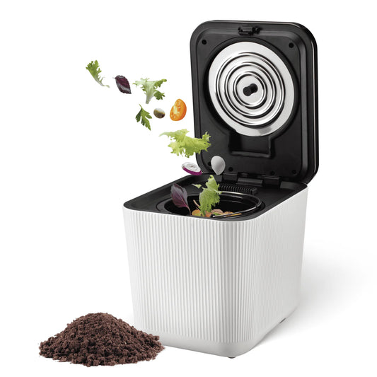 Wudy 3-liter electric composter in white — compact countertop unit on marble surface
