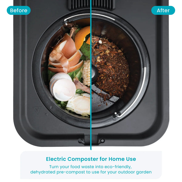 Electric composter with lid open showing 3-liter interior capacity