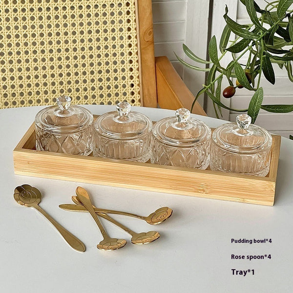 Wudy Kitchen Wudy Glass Dessert Cup Set — lead-free glass, Japanese pattern — close-up detail on walnut surface